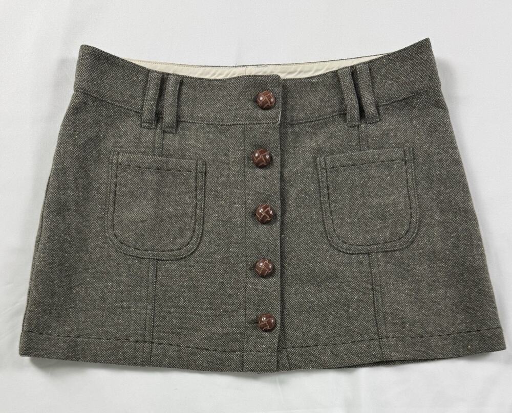 Y2K Tweed Mini Micro Skirt Sz 4 Academia Wool Blend Button Front Grunge Green